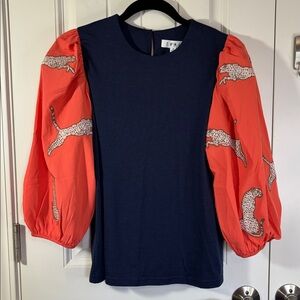 THML Navy Top with Coral Leopard-Print Puff Sleeves